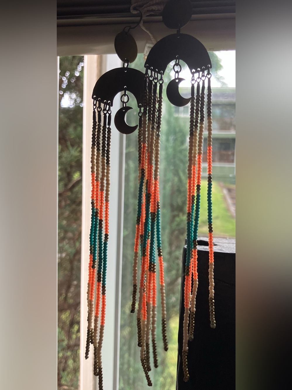 Artisan Made Boho Crescent Moon Beaded Fringe Earrings - Coral & Teal